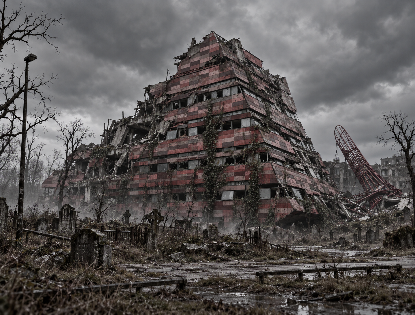 The Dearing Building at Jubilee Campus in ruins, the red steel Aspire spire snapped and fallen behind cemetery railings.